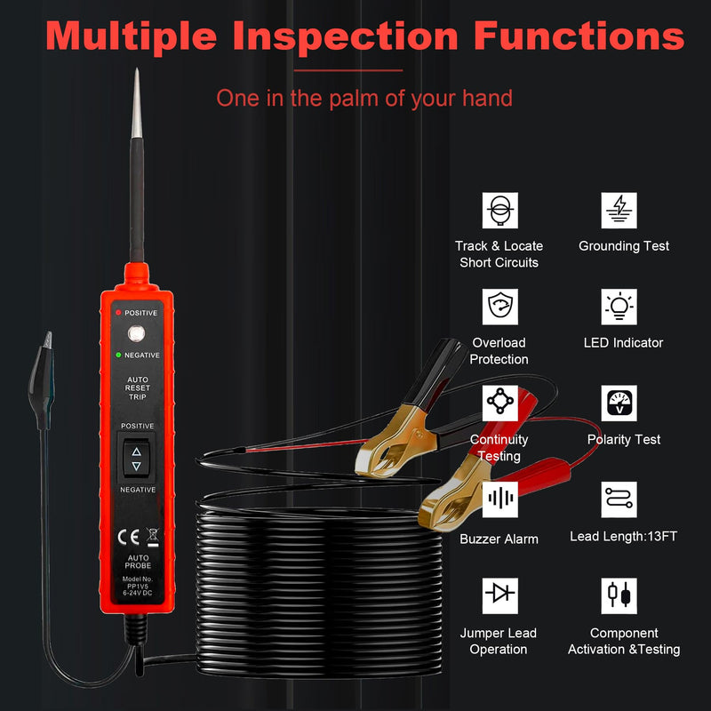 Power Circuit Probe Tester 6V-24V DC Test Light Car Fuse Tester Tool 12V Short Circuit Finder 12V Auto Electrical Tester Kit Component Tester Polarity Identify with Overload Protection,Long Test Lead Red