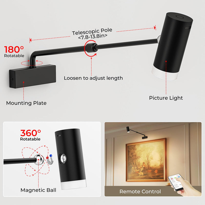 PESUTEN Battery Operated Picture Light, Adjustable Length Wireless Art Light for Paintings CCT Dimmable Rechargeable Picture Light with Remote Control for Gallery Reading Dartboard Bathroom Black