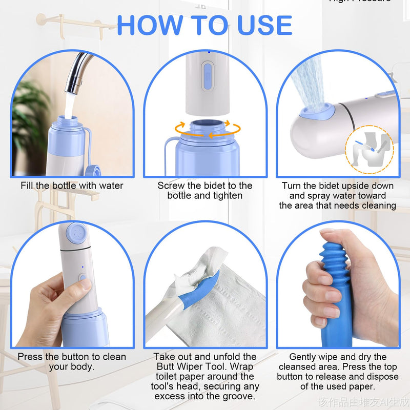 Portable Bidet Toilet Aids Wiper Tool Set for Travel | 350ML Bottle | 450mAh Battery | IPX7 Waterproof |Compact & High-Powered with 2 Pressure Modes for Wiping and Personal Hygiene (Blue) Blue