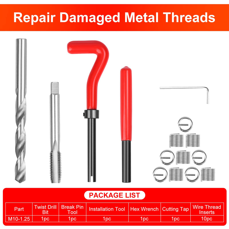 Thread Repair Kit M10 X 1.25mm, Metric Thread Repair Insert Kit Compatible Hand Tool Set for Damaged Thread and Auto Repairing Metric,M10×1.25mm