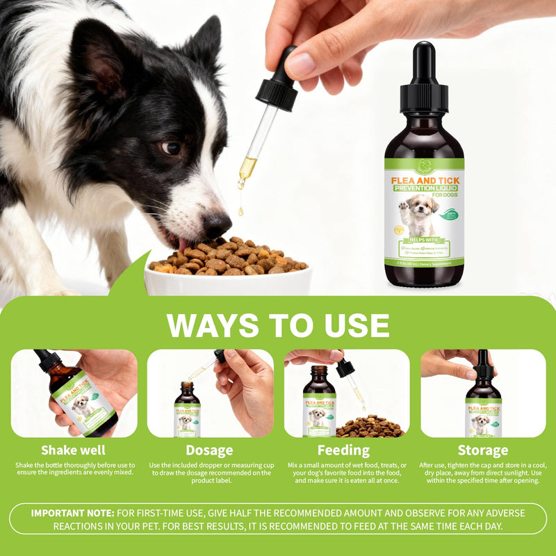 Natural Flea and Tick Prevention Liquid Drops for Dogs-Supports Skin & Coat Health – 60ml (2 FL OZ) –for All Breeds & Sizes