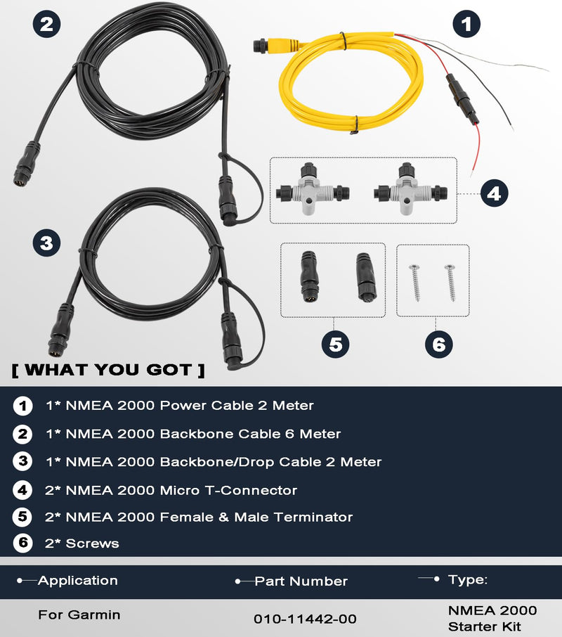 010-11442-00 NMEA 2000 Starter Kit for Garmin ECHOMAP Chirp, ECHOMAP Plus, NMEA 2000 Power Cable, Backbone Cable, Drop Cable with T-Connector and Female Male Terminator