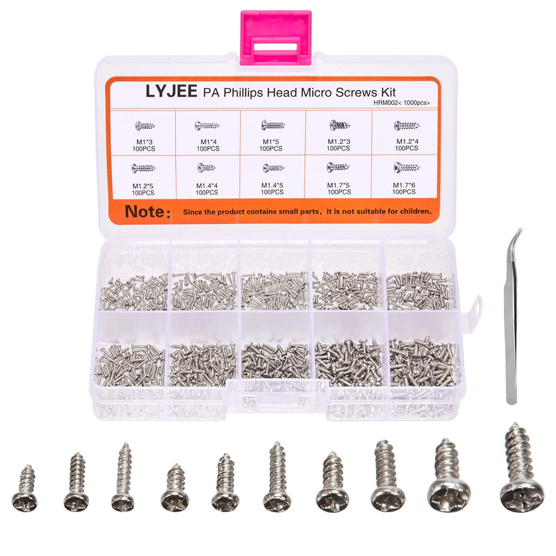 1000Pcs mini screw kit M1 M1.2 M1.4 M1.7 Phillips pan Head Micro Screws Self-Tapping Electronic small metric screw PA Nickel-Plated Silver