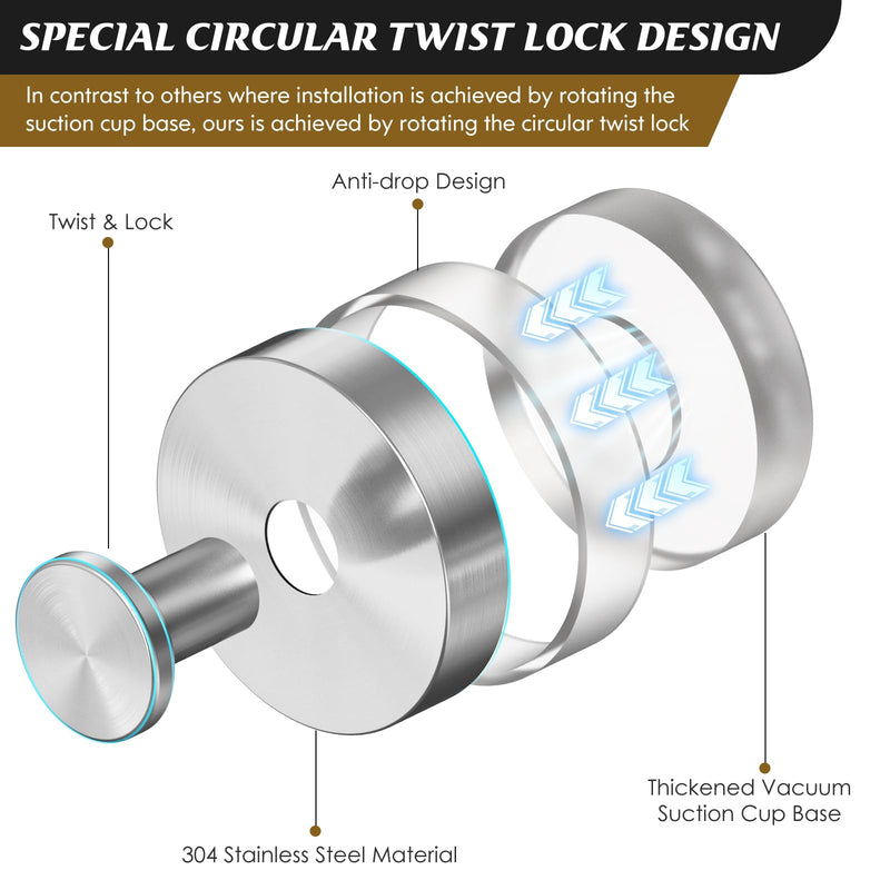 Suction Cup Hooks for Shower,2Pcs Shower Hooks for Inside Shower,No Drill Towel Hooks for Bathroom Wall,Kitchen,Glass,Mirror,Tile to Hang Towels,Robes,Loofah-Silver ‎2pc Silver