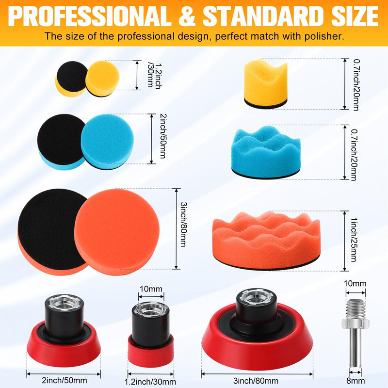 Maxdot 74 Pcs Car Foam Drill Polishing Pad Kit 60 Pcs 1inch 2inch 3inch Buffing Pads Backing Adapters Mix Size Car Detailing Polishing Supplies