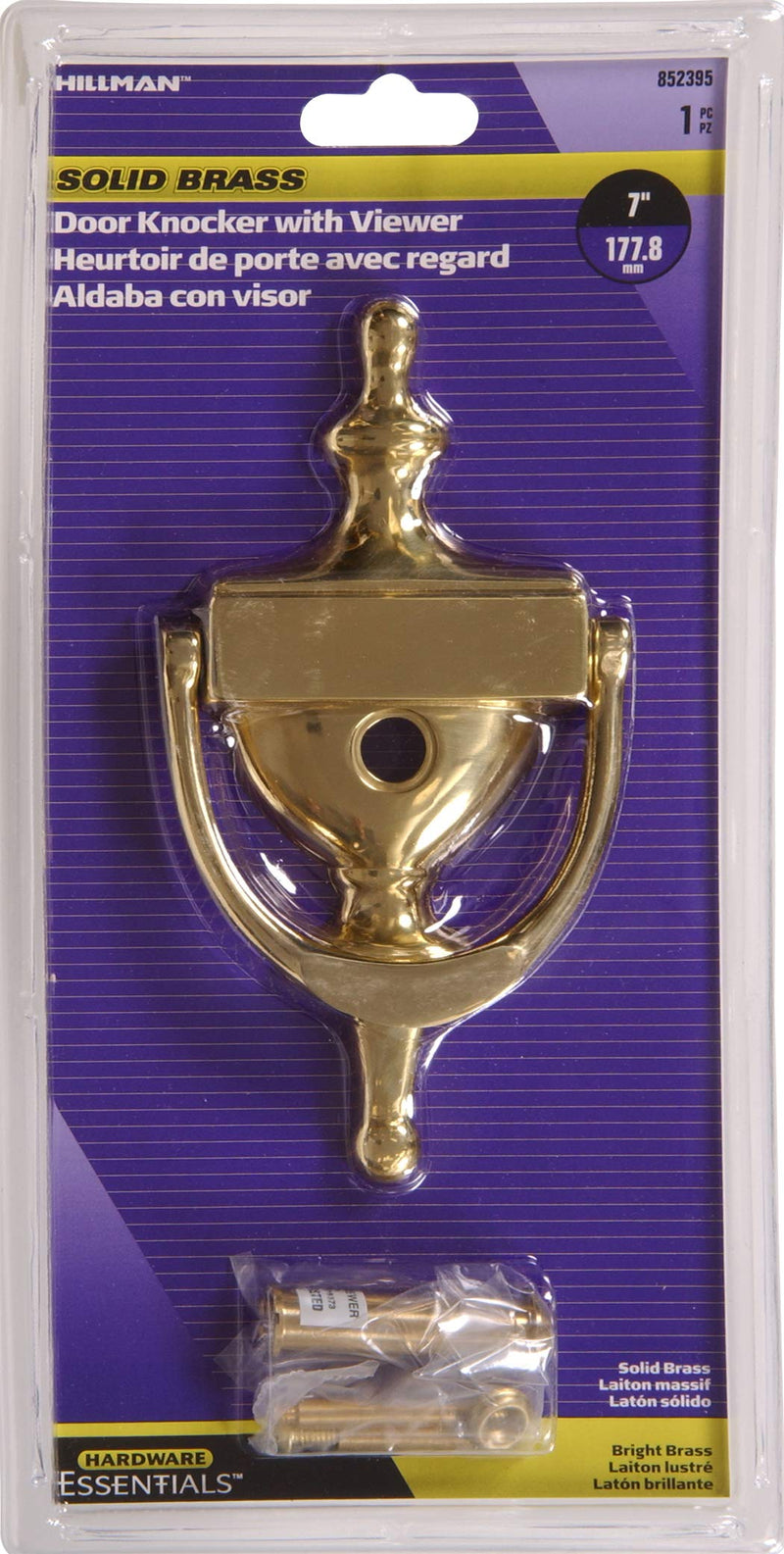 Hardware Essentials 852395 Bright Brass Door Knocker with Viewer, 7in, 1 Piece