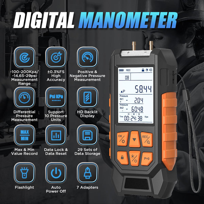 Manometer HVAC Gas Pressure Tester Dual Port Digital Manometer -14.65~29psi Differential Pressure Gauge with 10 Units, 7 Adapters, 29 Sets Data Storage&Hold, 2.8-in Backlit Display Air Pressure Meter Pro