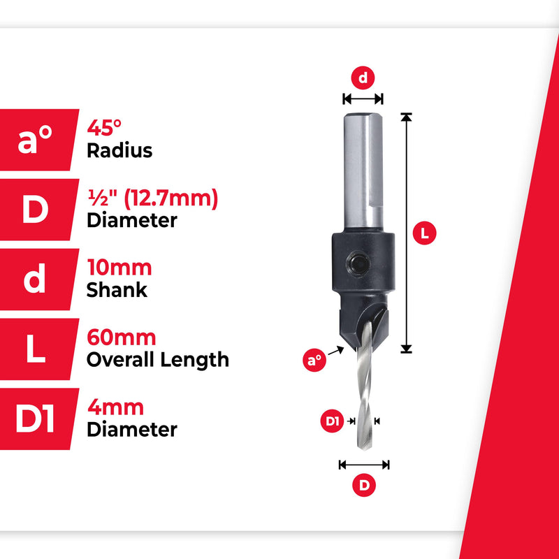 Amana Tool Carbide Tipped Countersink Drill Bit, Compatible with Boring Machines, 55640, 1/2 D x 45 Degree x 60mm Long x 10mm Shank