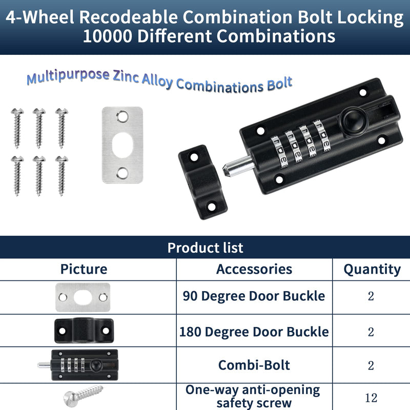 Combination Locking Bolt 2 Pack,Thickened Solid Zinc Alloy Combination Barrel Bolt,Safety Slide Latch Lock with Password Setting,for Shed,Garages,Fences,Iron Gate.(Black 4.8 inch) Black-2 Combination Locking Bolt