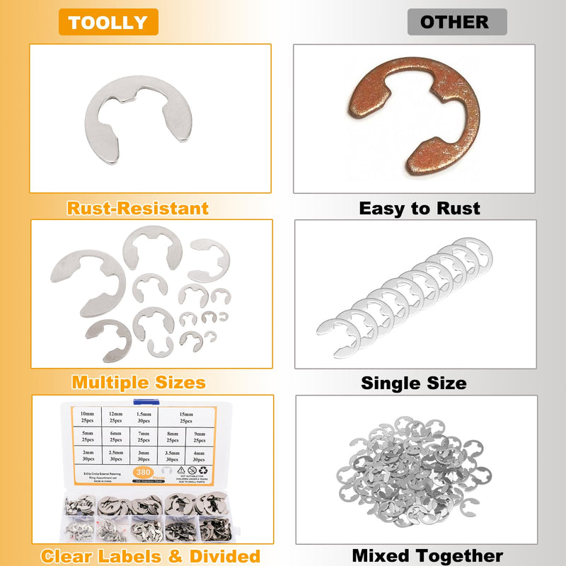 Toolly 380Pcs 304 Stainless Steel E-Clip Circlip External Retaining Ring Assortment Set, 14 Sizes