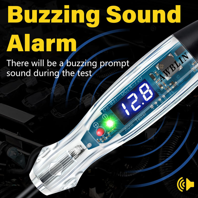 Upgraded Automotive Buzzer Test Light 4-72V DC Digital LED Circuit Tester, Heavy Duty Light Tester with Voltmeter, Auto Bidirectional Voltage Tester Electric Test Pen
