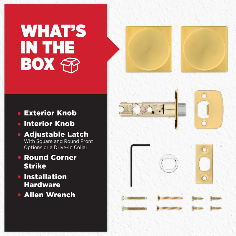 Kwikset Pismo Interior Passage Door Knob, Handle for Closet and Hallway Doors, Non-Locking Doorknob, Satin Brass, Square, Microban Protection Square Rose