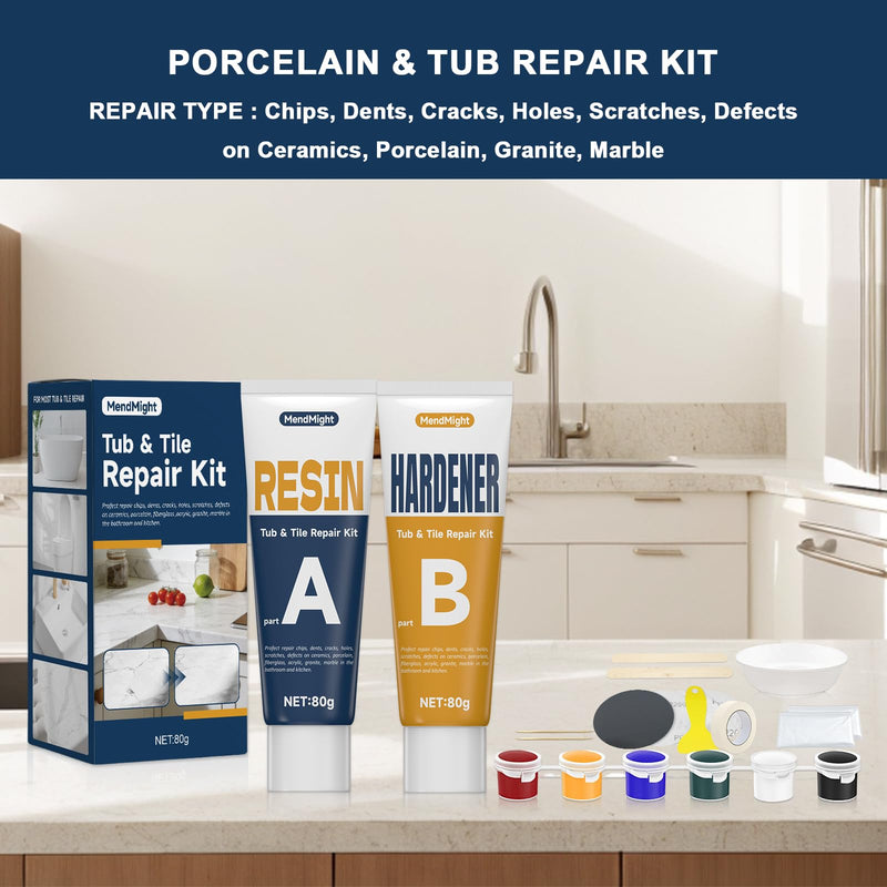Tile & Bathtub Repair Kit (Color Match, 6-Color, 80g x 2, Total 160g), Porcelain Ceramic, Fixes Chips Dents Cracks Scratches for Marble Acrylic Fiberglass Granite Countertops & Bath Surfaces White