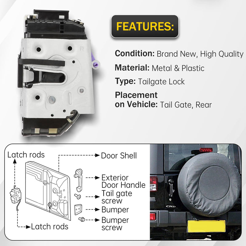 Power Tailgate Door Lock Latch Assembly for Jeep Wrangler JK 2007-2018 | Compatible with 3.6L 3.8L Engines | OEM Replacement 4589584AG 4589584AF 4589584AD 4589584AE | Easy Plug and Play Installation