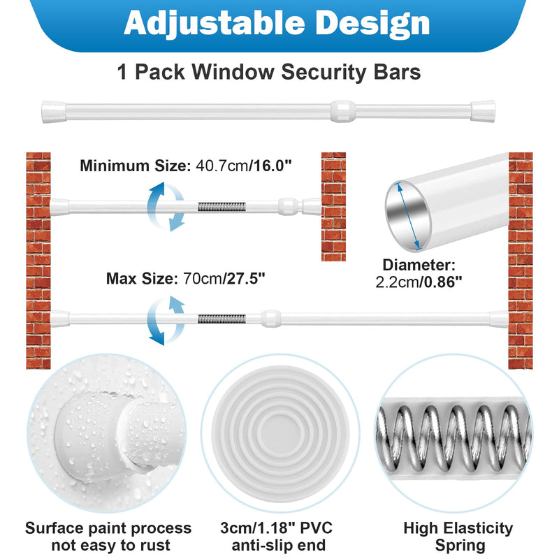 Artoshin 1 Pack Window Security Bar Adjustable Sliding Lock Security Stick for Rubber Tips, Adjustable Sliding Glass Door Lock Bars 15.7''-27.5'' Tension Rods 1.2'' Diameter Window Safety Lock Bar 16" to 28"-1Pcs
