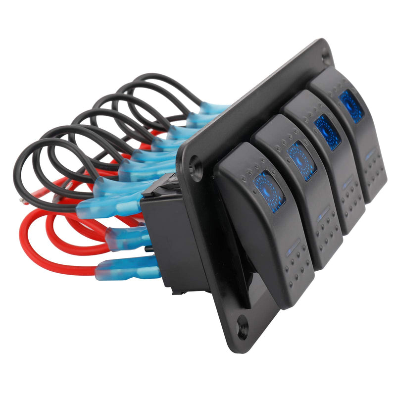 Amarine Made 12-24V Boat Switch Panel Illuminated Rocker Switch Aluminum Pre-wired Panel 2,3,4,5,6,8 Gang Toggle Switches Dash 5 Pin ON/Off 2 LED Backlit for Bus Boat Car Marine Blue LED IP65 (4 Gang)
