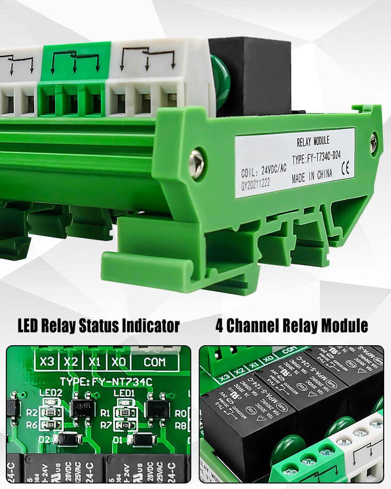 4 Channel Relay Module 1 SPDT DIN Rail Mount 24V DC/AC Interface Relay Module Replace FY-T734-24VACDC
