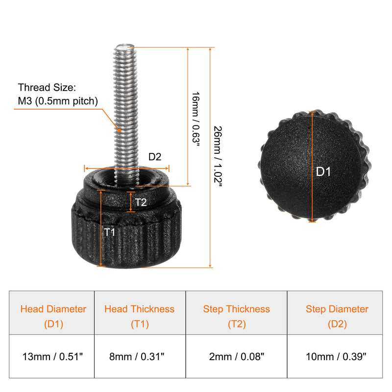 HARFINGTON 20pcs Knurled Clamping Knobs Thumb Screws M3 x 16mm Metric Male Thread 13mm Matte Plastic Head 304 Stainless Steel Stud Hand Threaded Knob Thumbscrew Handle, Black M3 x 16mm x 13mm