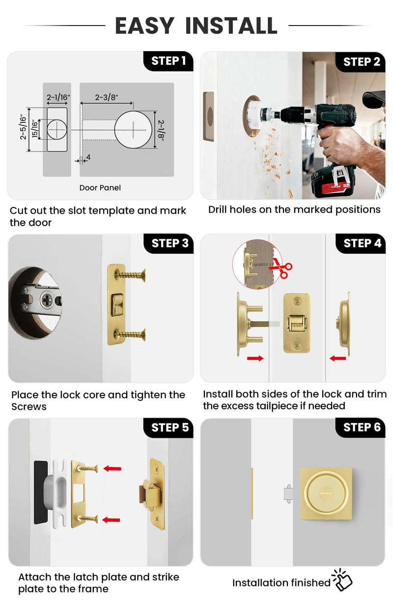 goldenwarm Brushed Gold Pocket Door Lock with Pull, Square Pocket Door Hardware 2-3/8" Backset, Gold Pocket Door Handles 1 Pack 2-3/8” Latch