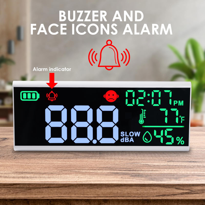 Decibel Meter 13 inches Sound Decibel Meter, Wall Hanging and Desktop Sound Level Meter Large LED Noise Meter Displays Decibel Time Temperature Humidity with Buzzer & Icons Alarm for Classroom Studio