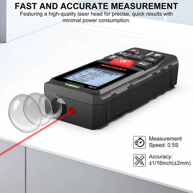 LT100 Laser Distance Meter – 100m (328t) Range, High Accuracy, Multiple Measurement Modes, Built-in Level Bubble, Handle Laser Distance Measurement Tool，Mute Function (328ft) 328ft
