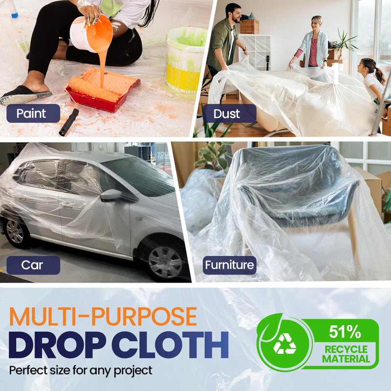 6 Pack 12 x 9 ft Extra Large Painter's Drop Cloth - Light & Durable Dust Cover - Clear Plastic Sheet - Paint Drop Cloth - Plastic Floor Protector 0.4 Mil - 6 Pack