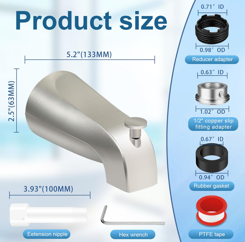 Universal Tub Spout for 1/2" Copper Pipe, 1/2" IPS and 3/4" IPS, Bathtub Faucet with Diverter and Adapter and Hex Wrench (Brushed Nickel) Brushed Nickel