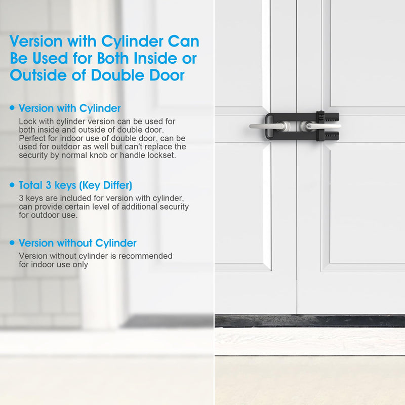 AST Double Door Security Lock, French Door Lockout Device with Keys, Reinforcement Lock for Knobset and Handleset, Prevent Kick Ins, Kids Proof Barricade, Matte Black with snib and Cylinder