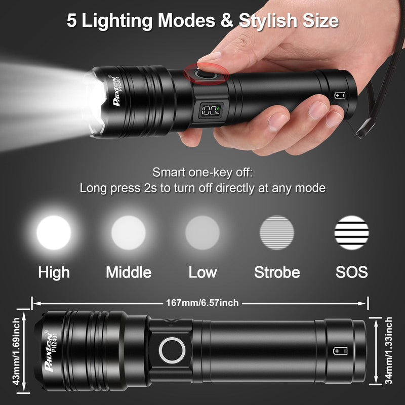 Rechargeable Flashlights 1000000 High Lumens Long Range 3280 FT, Super Bright USB C LED Flashlight Long Lasting 15 Hours, Powerful Multifunctional Strong Flash Lights, for Emergency Security Camping 31.0 Watt Hours