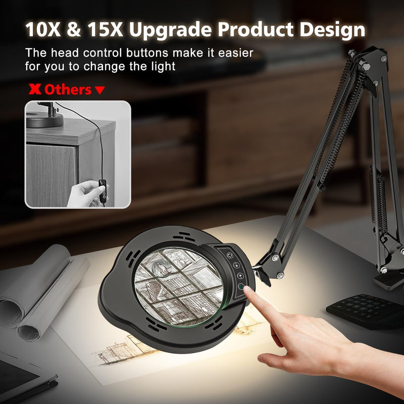 Magnifying Glass with Light and Clamp, 15X 10X Desk Magnifying Lamp, 84 LED Real Glass Lens Magnifier, 5 Color Modes Stepless Dimmable, Adjustable Hands Free Table Lamp for Repair Crafts Hobby Sewing - NewNest Australia