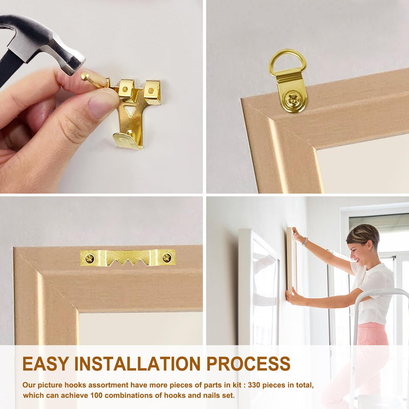 330pcs Picture Hangers Kit - Holds 10-75lbs, With Hanging Wire, Ring Hooks, D Rings, Sawtooth Hangers for Frame, Canvas, Mirror Decoration Gold