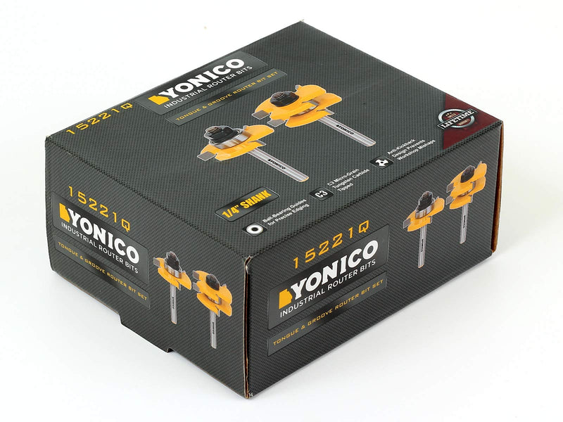 YONICO Tongue and Groove Router Bits Set Up to 3/4-Inch Stock 1/2" Cutting Depth 2 Bit Set 1/4-Inch Shank for Edge-to-Edge Hardwood Flooring, Paneling, Cabinet Door, Plywood Sheathing 15221q Up to 3/4" Stock - 1/2" Depth - 1/4" Shank