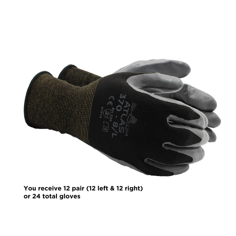 SHOWA Atlas 370B Professional Nitrile Work Gloves,for Landscaping, Gardening & Assembly, General Purpose Gloves 12-pack Black Medium