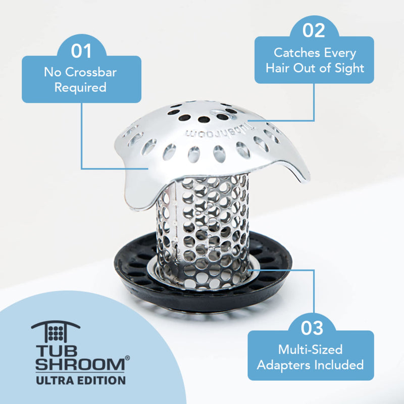 TubShroom Ultra Revolutionary Bath Tub Drain Protector Hair Catcher/Strainer/Snare Stainless Steel, 1-Pack, Silver Stainless Single