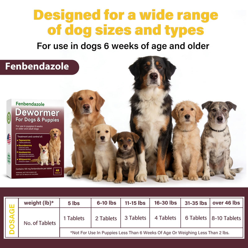 Dog Dewormer for Dogs & Puppies, Fenbendazole All Wormers Tablets for Tapeworms, Roundworms, Hookworms & Whipworms, 48 Count