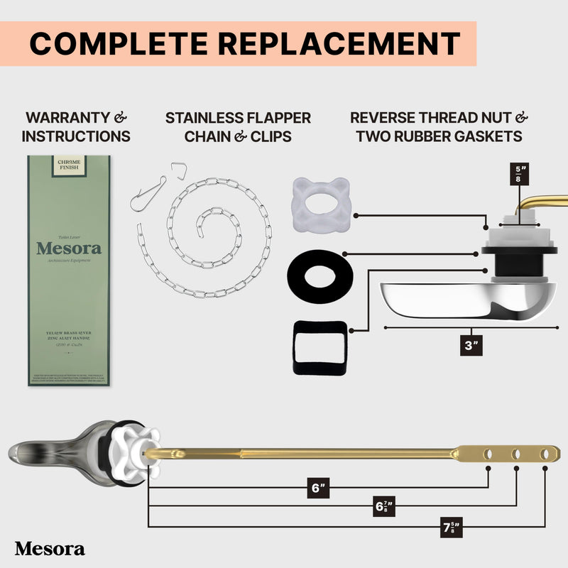 Mesora Aluminum Toilet Handle Flush Lever Replacement Kit with Flapper Chain, Brass Lever, Chrome - Toilet Repair Handle, Compatible with Most Toilets (Side Mount) Side Mount