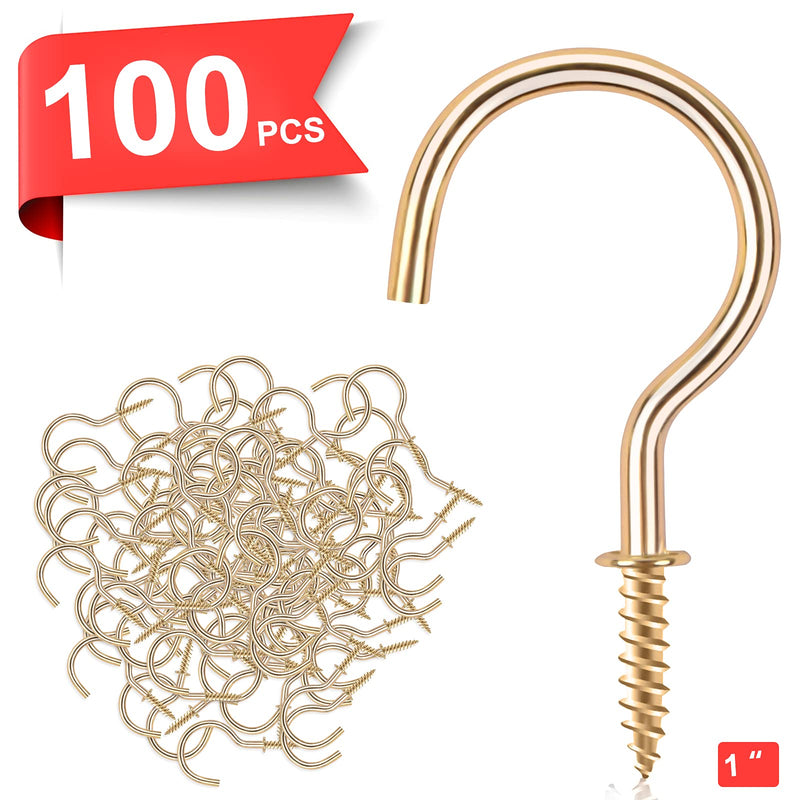 Cup Screw Hooks,1 inch Metal Screw in Ceiling Hooks,100 Pack Metal Ceiling Cup Hooks Plant Hanger Hooks, Wind Chimes Hooks Kitchen Cup Hooks Great for Hanging Indoor & Outdoor Use(Golden) Gold 1 Inch