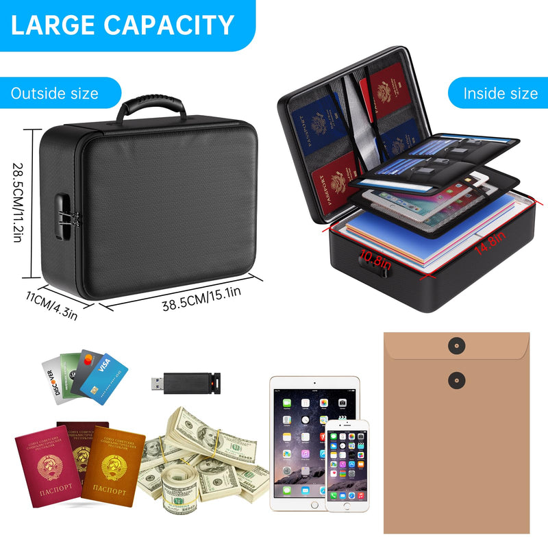 ENGPOW 5200°F Fireproof Document Bag with Lock,Upgraded Heat Insulated Fireproof＆Waterproof Box 8 Layers Document Organizer,Portable Home Travel Safe Storage for Important Documents, Files, Laptop Black 5200℉ Soft box
