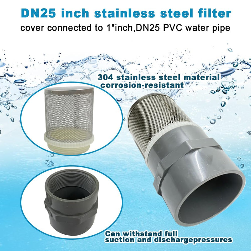 1 inch Stainless Steel Filter Cover Connected to 1 inch/DN25 Grey PVC Filter Water Pipe, Vent Cap Suction Strainers Used to Remove Debris and Reduce Solid Entry(1pcs) 1"DN25