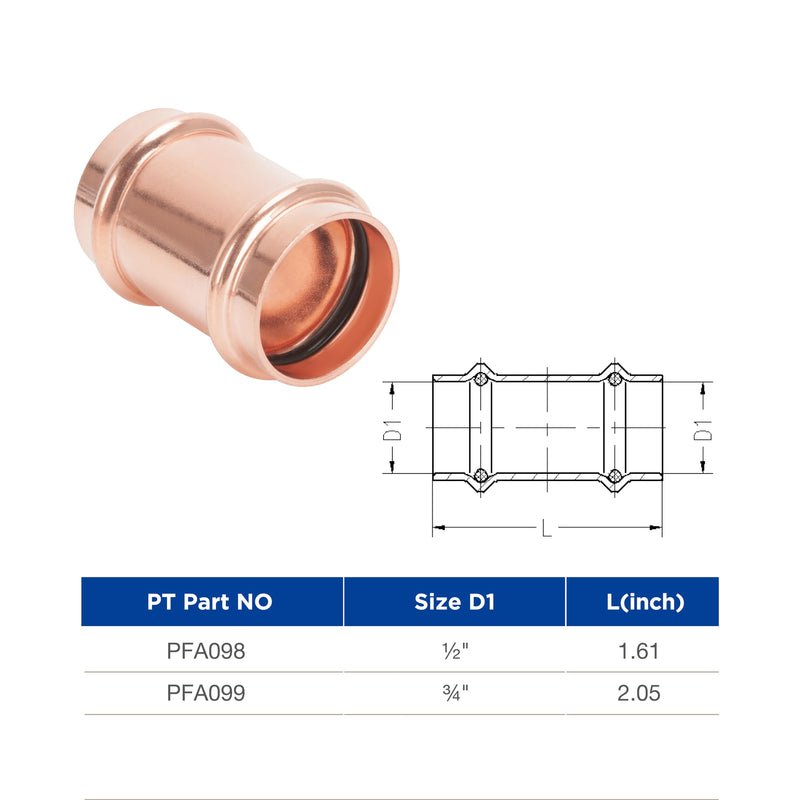 Copper Press Fittings 3/4 inch Coupling with Stop 10 Pack 3/4" x 3/4"