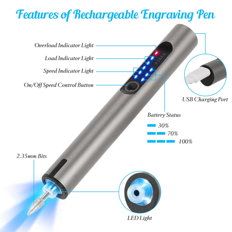 CHEGIF Engraving Pen, USB Rechargeable Cordless Engraver Pen with 51 Bits & LED Light Customizer Engraving Pen for Metal, Wood, Glass and Plastic Portable Engraving Kit for DIY Etching Gifts