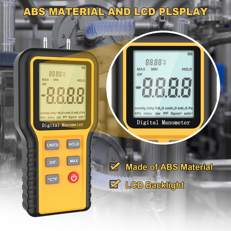 Manometer,Professional Air Pressure Meter Dual-Port Manometer Gas Pressure Tester,12 Selectable Units Differential Pressure Gauge HVAC Gas Pressure Meter(Included Battery) E2-QX1201(±20.68 KPa/士2.999 PSi)