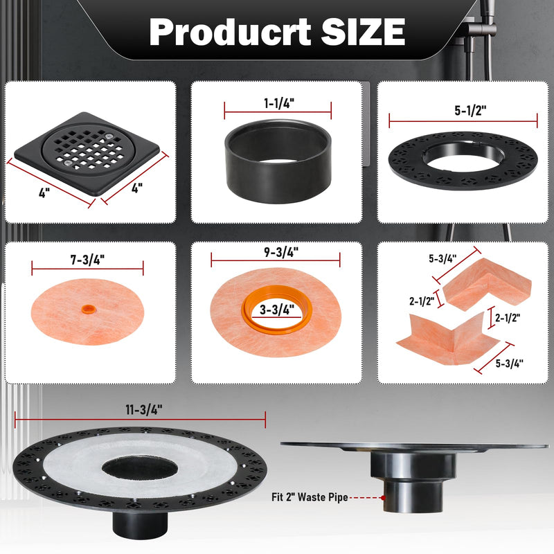 Shower Drain Kit 2 Inch Integrated Shower Flange Kit | Compatible with Schluter Systems Kerdi Drain, ABS Shower Drain Base Flange, 304 Stainless Steel, 4'' Drain Grate