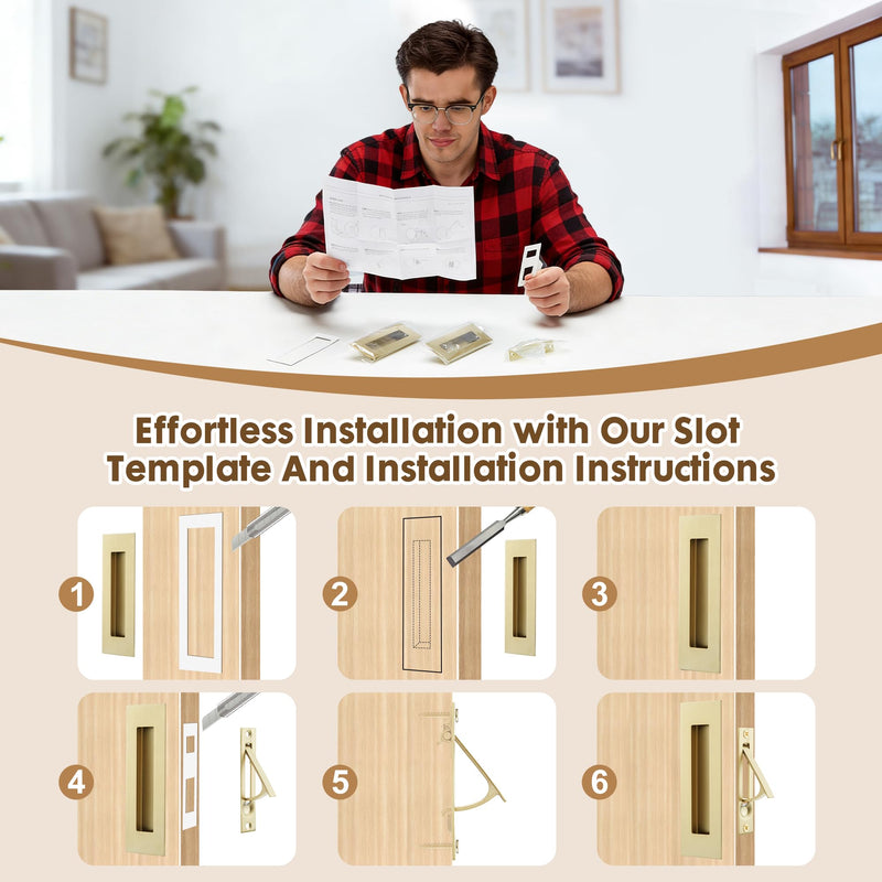 Pocket Door Hardware Set – 2 Recessed Flush Finger Pulls & 1 Edge Pull, Made of 304 Stainless Steel, Template Included, Gold