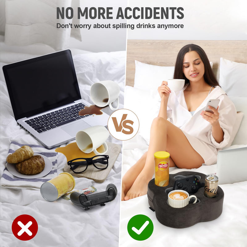Couch Cup Holder Pillow, Sofa Organizer Caddy Bed Refreshment Tray for Drinks, Remotes, Phones, Snacks (Soot) 12*12*3.7 Inch Soot