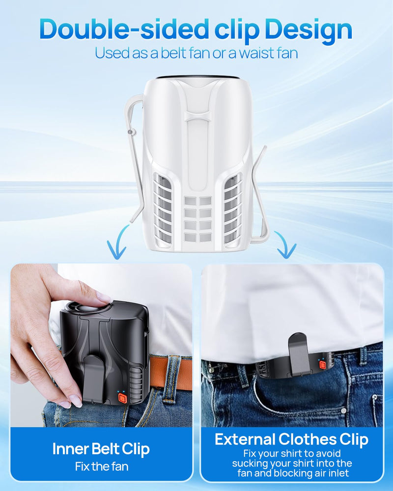 Portable Personal Waist Fan& Neck Fan, 14000RPM Brushless Motor, 40H Runtime Rechargeable, 6-Speed Quiet Operation, Clip-On Personal Body Cooling for Camping/Worksites/Outdoor White