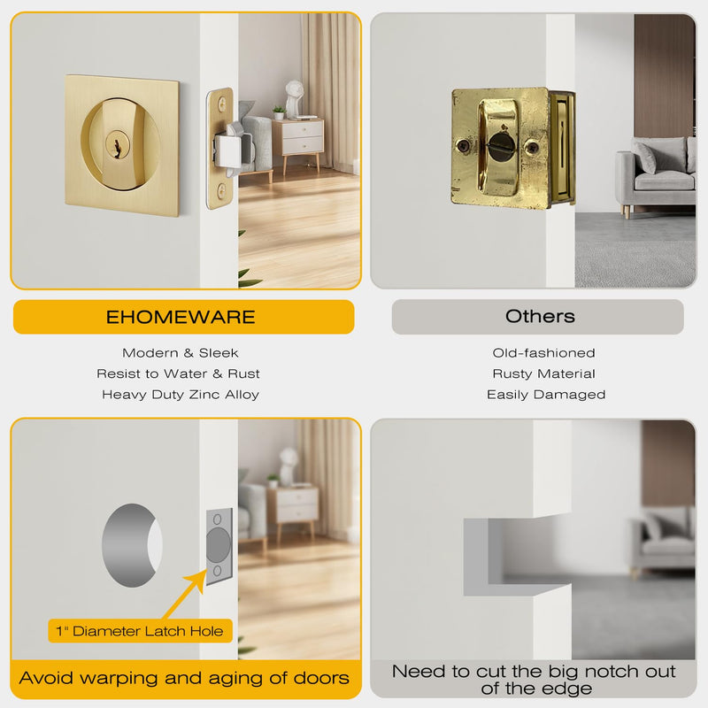 EHOMEWARE 2 Pack Gold Pocket Door Handles, Pocket Door Hardware with Lock, Keyed Alike Pocket Door Lock for Sliding Door, Heavy Duty Recessed Design, Fit Left/Right Doors Entry Door Lock-2 Pack Satin Brass