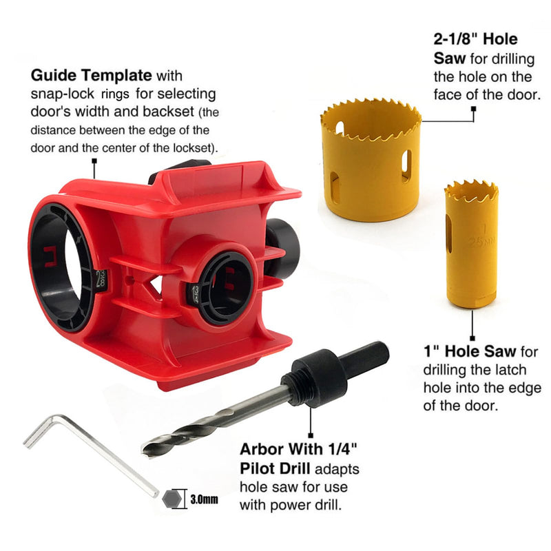 Door Lock Installation Kit, Adjustable Template HSS Hole Saws Drill Bit Door Hole Drilling Kit Door Hole Drilling Tool for Metal Wooden Doors