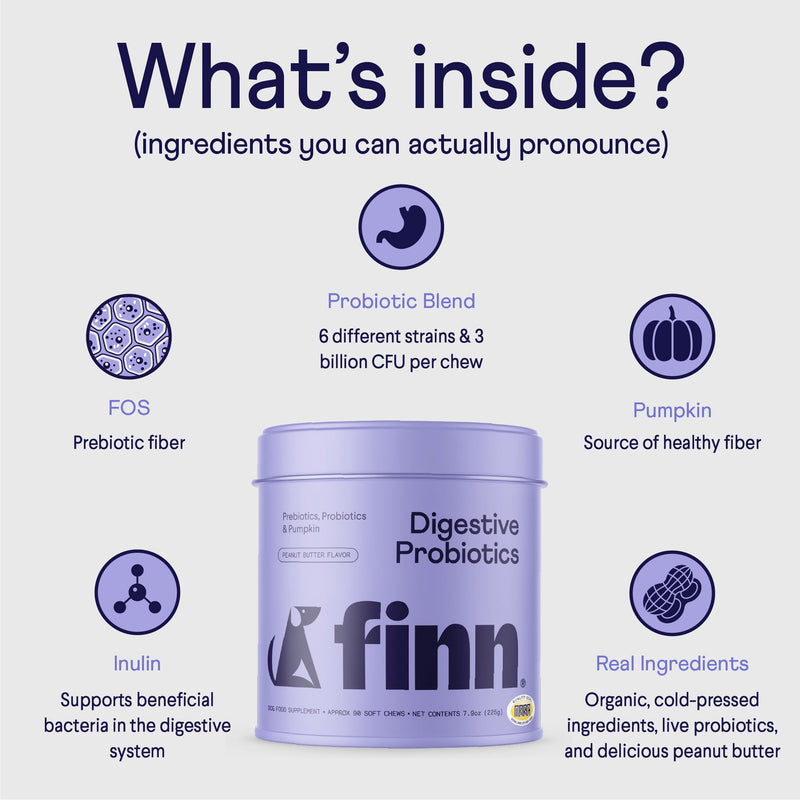 Finn Digestive Probiotics for Dogs - Complete Digestive System Support with Pumpkin, Prebiotics, & Live Probiotics - Vet Recommended & Made in The USA - 90 Soft Chews (Peanut Butter) Peanut Butter - PawsPlanet Australia