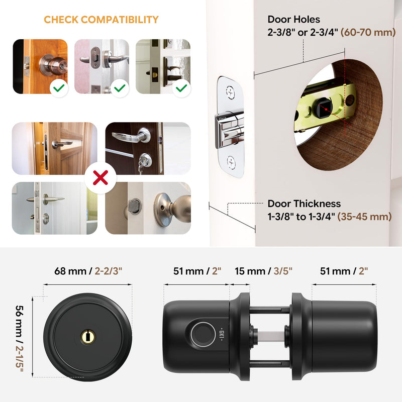 ThorBolt GK1 Smart HomeKit Fingerprint Door Knob (w/o Keypad), Black ABlack